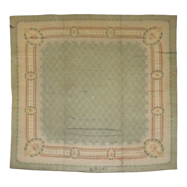 Early 20th Century Zabihi Collection Mint Green Color Irish Donegal Rug - 11'9" x 11'11" For Sale