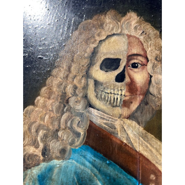 Memento Mori Baroque Style Oil on Wood Panel Portrait Painting a French Nobleman With Dual Faced Man For Sale - Image 4 of 12