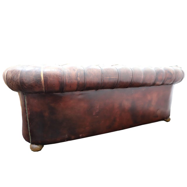 Animal Skin 1950s Vintage Aged Brown Tufted Leather Chesterfield Sofa Mid-Century- Great Patina! For Sale - Image 7 of 11