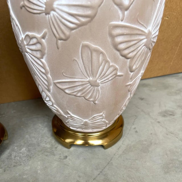 1970s Mid-Century Ginger Jar/Vase Raised Butterfly Motif Table Lamps - a Pair For Sale - Image 5 of 9
