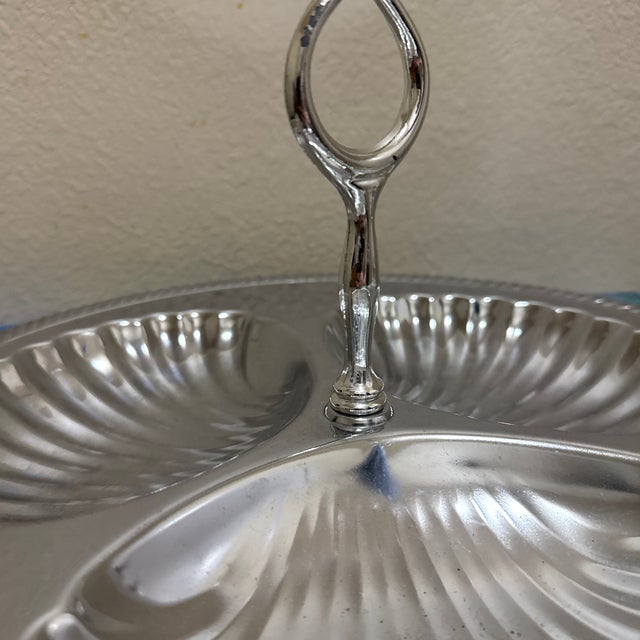 Vintage Regency Style Silver Tone Triple Shell Divided Serving Tray With Stylized Handle For Sale - Image 4 of 5