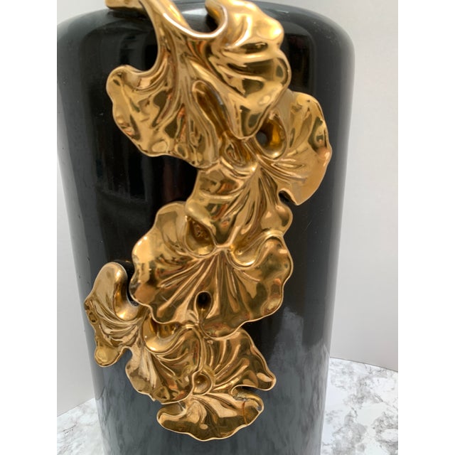 Ceramic Vintage Large Italian Black and Gold Ginkgo Leaf Vase or Umbrella Vessel For Sale - Image 7 of 11