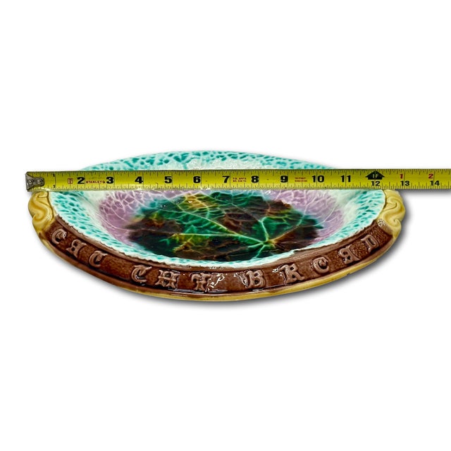 Antique 1880s Victorian Majolica "Eat Thy Bread With Thankfulness" Motto Serving Tray With Beautiful Colors For Sale - Image 16 of 18