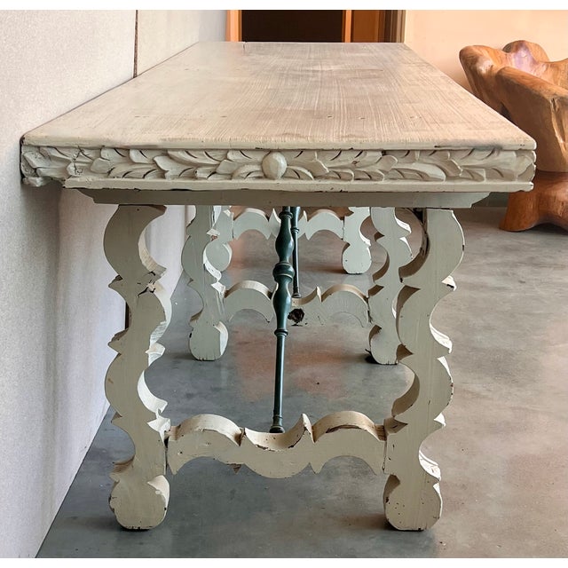 Baroque 19th White Painted White Country Lyre Legs Large Console or Center Table For Sale - Image 3 of 13