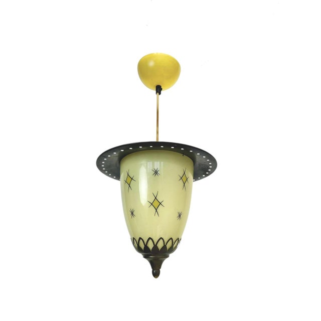 Black Mid-Century Glass and Metal Pendant Lantern Lamp, 1950s For Sale - Image 8 of 8
