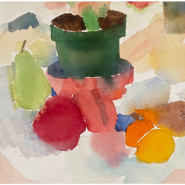 Post modern abstract still life watercolor by Sam Colburn, circa 1980s. Saturated shades of green, peach, pink, bordeaux,...