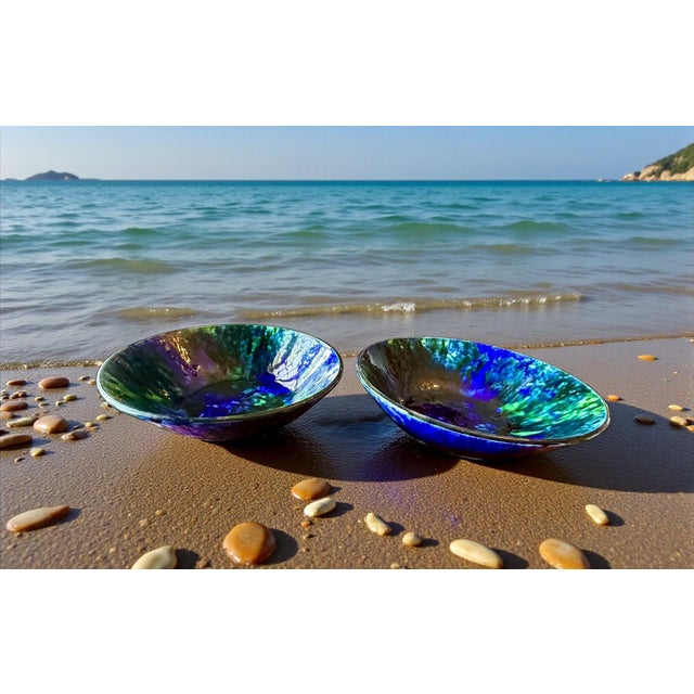 Vintage Stangl Coastal Art Pottery Mediterranean Blue Green Bowls - Pair For Sale - Image 11 of 12