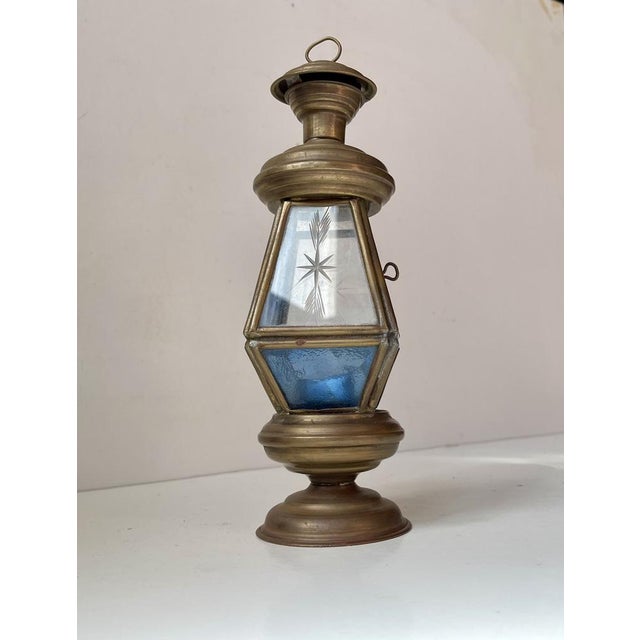 Blue Art Deco Lantern in Brass and Etched Colored Glass, 1930s For Sale - Image 8 of 8