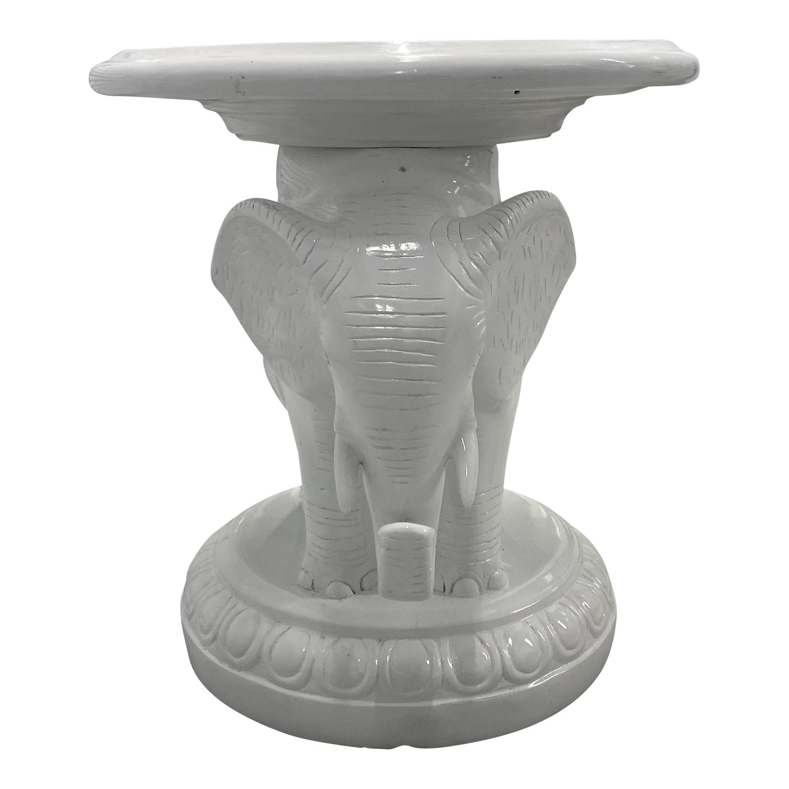 Vintage White Lacquer Elephant Umbrella Stand Garden Stool Side Table