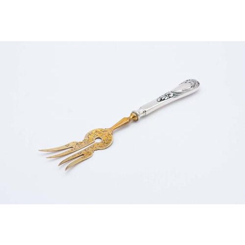 Silver Fish Serving Fork with Gold Tines and Relief on the Handle For Sale - Image 4 of 4