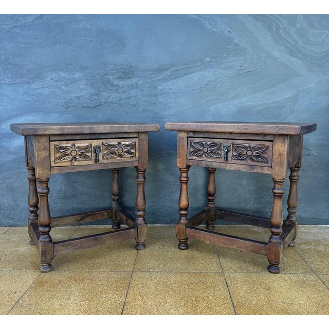 Spanish Rustic Oak Bedside Tables with Carved Drawers, 1950s, Set of 2 For Sale - Image 6 of 12