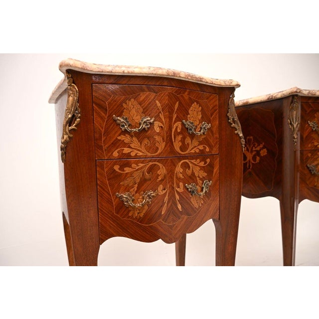 Metal Antique French Inlaid Marble Top Bedside Chests, 1900, Set of 2 For Sale - Image 7 of 11