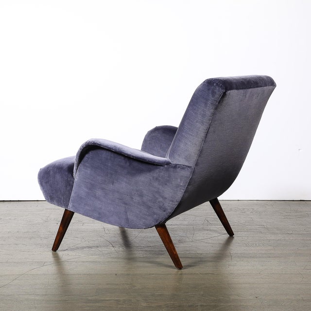 Mid-Century Lounge Chair & Ottoman in Aubergine Velvet & Tapered Walnut Supports For Sale - Image 9 of 17