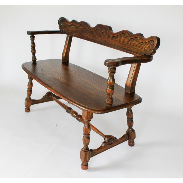 Arts & Crafts Jamestown lounge Feudal bench, Romweber Viking oak style. Item features believed to be Feudal Oak Collection...