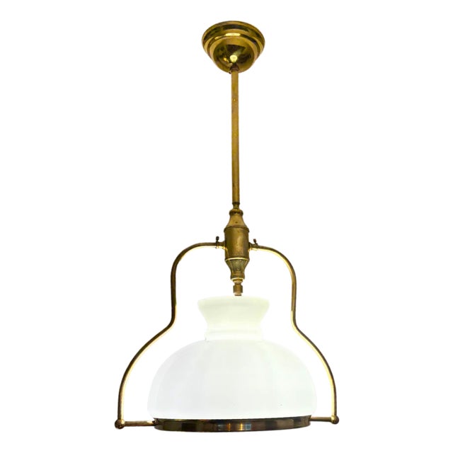 Mid-Century French Brass and Opaline Glass Pendant Light, 1950s For Sale