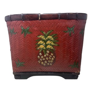 Large Vintage Distressed Hand Painted Pineapple Herringbone Rattan Basket For Sale