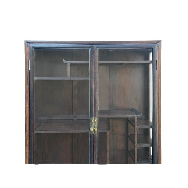 Vintage Dark Brown Oriental Treasure Glass Doors Display Curio Stack Cabinet For Sale In San Francisco - Image 6 of 13