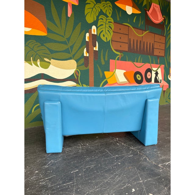 Vintage Postmodern Italian Nicoletti Attrb Blue Leather Loveseat For Sale - Image 9 of 12