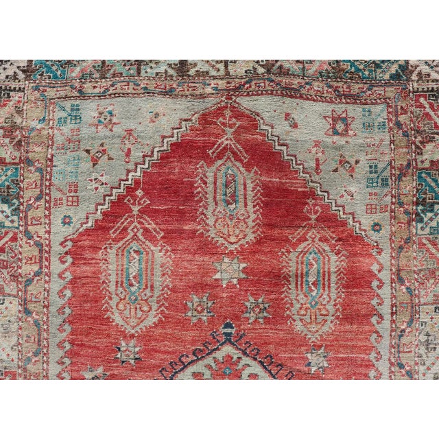Antique Turkish Oushak Rug With Red, Soft Blue, Teal, and Cream Accents For Sale - Image 10 of 13