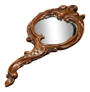 19th Century French Black Forest Carved Walnut Hand Mirror With Beveled Glass