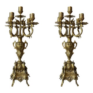 Pair of Late 19th Century Tall Antique French Rococo Baroque Brass Candelabra For Sale