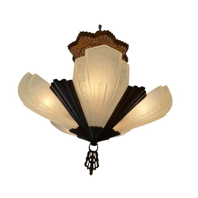 Bronze 1910s Art Deco Fan Style Chandelier With Copper Starburst Canopy For Sale - Image 8 of 8