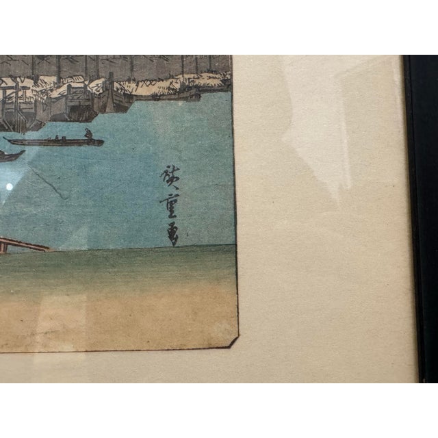 Gray Antique Edo-Period Japanese Woodblock Print by Utagawa Hiroshige — Eitai Bridge With Fishing Boats, C. 1830s–1850s For Sale - Image 8 of 9