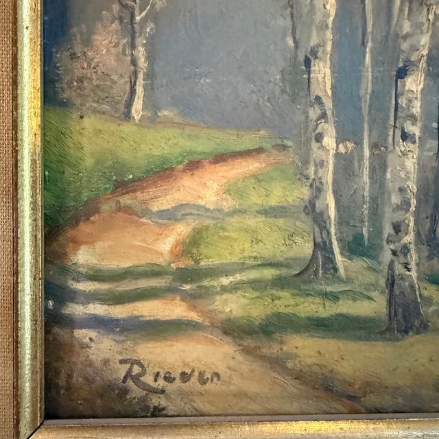 Wood Pair of Petite Mid-Century Birch Trees & River Landscape Paintings For Sale - Image 7 of 10