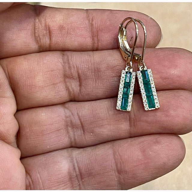 Green Princess Cut Emerald & Diamond 14 Kt Yellow Gold Dangling Earring For Sale - Image 8 of 8