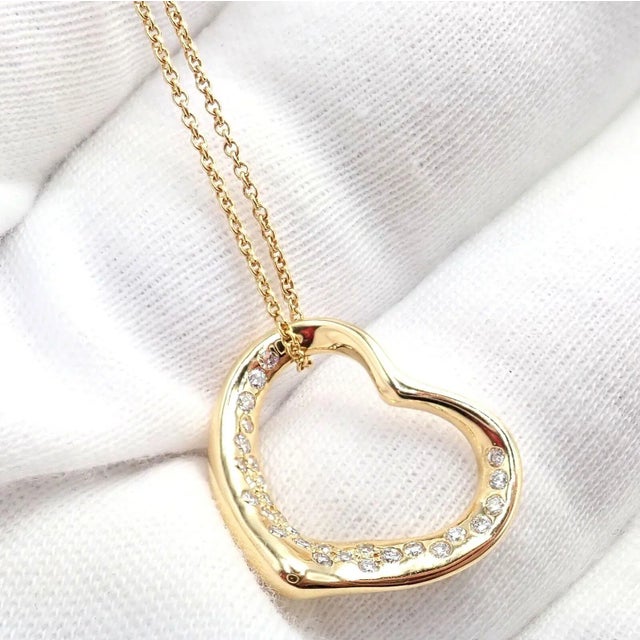 Tiffany and Co. Tiffany & Co. Elsa Peretti 18k Yellow Gold Diamond Open Heart Necklace For Sale - Image 4 of 10