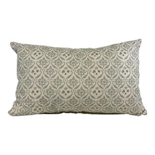 Large Bolster Pillow Decorated With a Delicate Light Green Geometric Blockprint Floral & Scroll Pattern - Made in U K For Sale