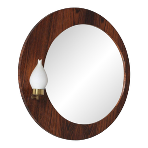 Round 1960s Vintage Danish Rosewood Wall Mirror + Sconce