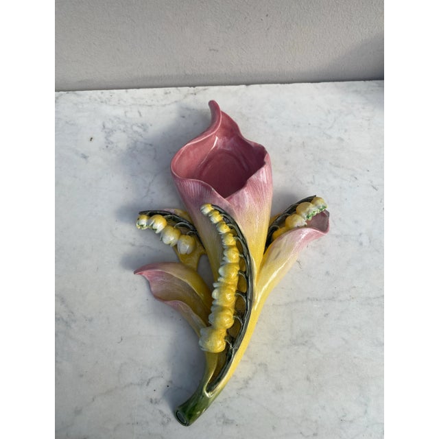 Rare Large French Majolica lily of the valley wall pocket signed Fives Lille circa 1890.