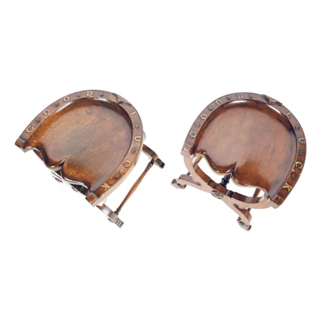 Pair of Mid 19th Century Victorian Equestrian Carved Oak Horseshoe-Shaped Fireside Stools Good Luck For Sale
