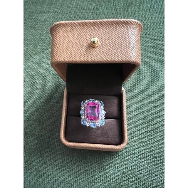 Pink Bochic “Capri” Emerald Shape Pink Topaz & Tanzanite Ring Set 18K Gold & Silver For Sale - Image 8 of 12
