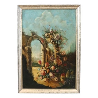 Still Life with Flowers, Fruits and Architectural Elements, 1800s, Oil Painting on Canvas, Framed For Sale