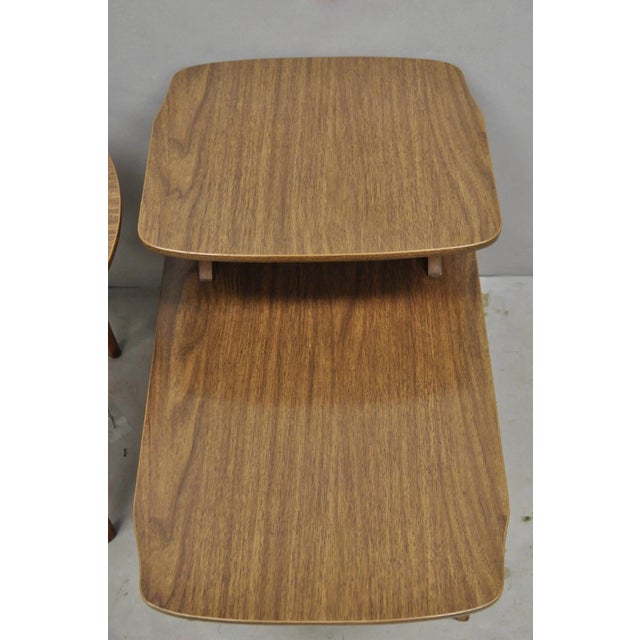 Wood Vintage Mid Century Modern Walnut & Formica Round & Step Side Table Set - 2 PCS For Sale - Image 7 of 16