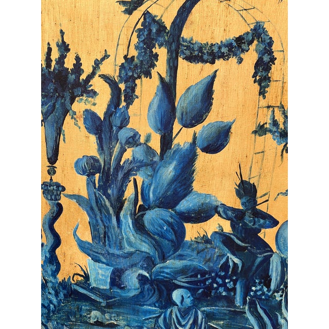 Pair of Hand Painted Blue Chinoiserie Chic Wall Hanging Giltwood Panels For Sale - Image 9 of 16