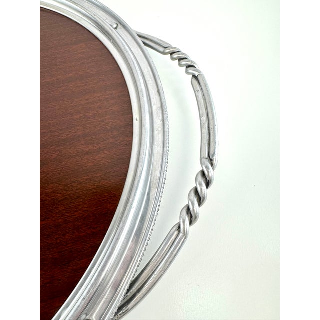 Wood Vintage Large Round Mahogany & Silverplate Serving Tray With Twisted Handles For Sale - Image 7 of 11