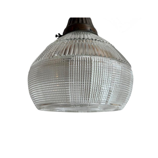 Metal Pair of Prismatic and Ribbed Holophane Glass Pendants Circa 1920’s For Sale - Image 7 of 7