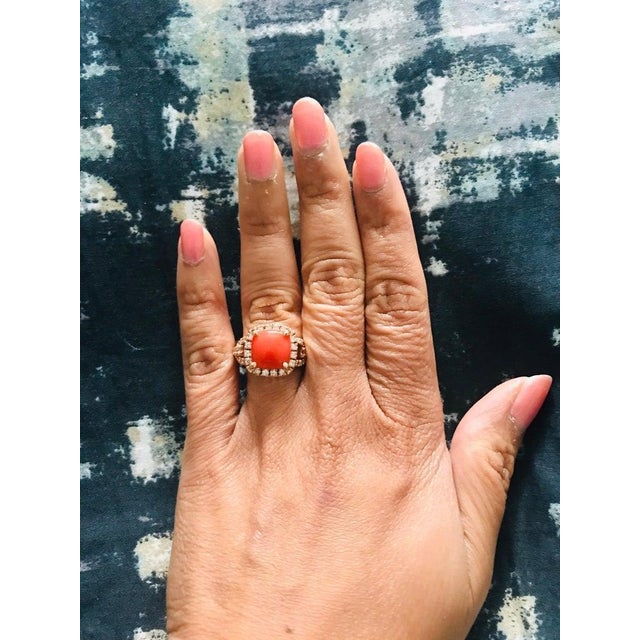 3.95 Carat Coral and Diamond 14 Karat Rose Gold Cocktail Ring, Size 7 For Sale In Los Angeles - Image 6 of 6