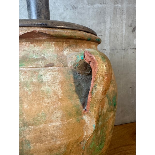 Olive Vintage Rustic Terracotta Olive Jar Table Lamp Green Patina Wood Base For Sale - Image 8 of 11