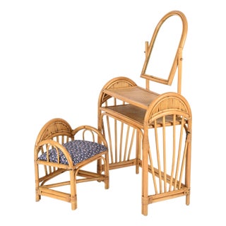 Italian Vanity Table with Chair in Bamboo and Rattan attributed to Vivai del Sud, 1970s, Set of 2 For Sale