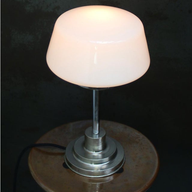 Art Deco White Opaline Glass and Nickel-Plated Desk Lamp For Sale - Image 5 of 8