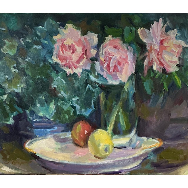 "Peonies and Roses on Antique Platter" Is an Impressionist Piece by Julann Campbell For Sale