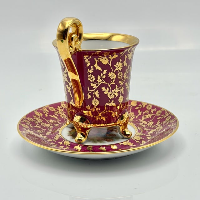 Vintage Ruby Red Porcelain Coffee Service with Gilt Romantic Fragonard Scene from Limoges, 1970s, Set of 13 For Sale - Image 12 of 18