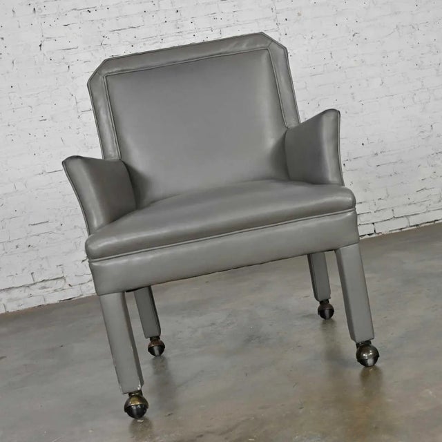 Plastic Modern Gray Faux Leather Modified Parsons Style Armed Accent Chair on Casters For Sale - Image 7 of 17