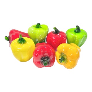 Vintage Blown Art Glass Bell Peppers, Red Yellow & Green, Set of 7 For Sale