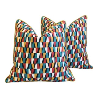 Designers Geometric Teal/Red/White/Gold Feather/Down Pillows 22" Square - Pair For Sale