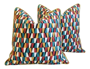 Designers Geometric Teal/Red/White/Gold Feather/Down Pillows 22" Square - Pair